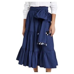 Silvia Tcherassi Michaela Skirt Tiered Wrap Cotton Midi Skirt Blue Tassel Size L
